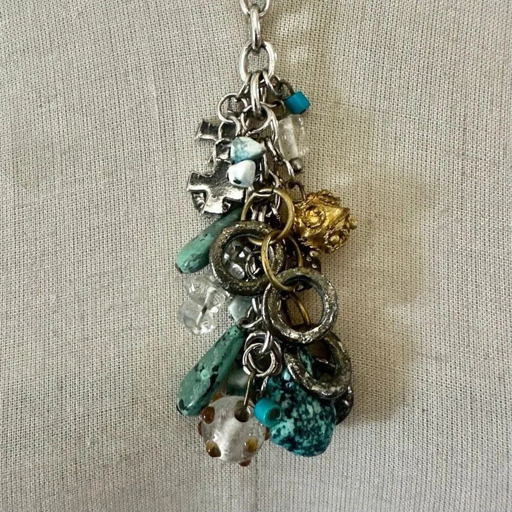 Vintage Charm Cluster Necklace with Natural Stones & Mixed Metals